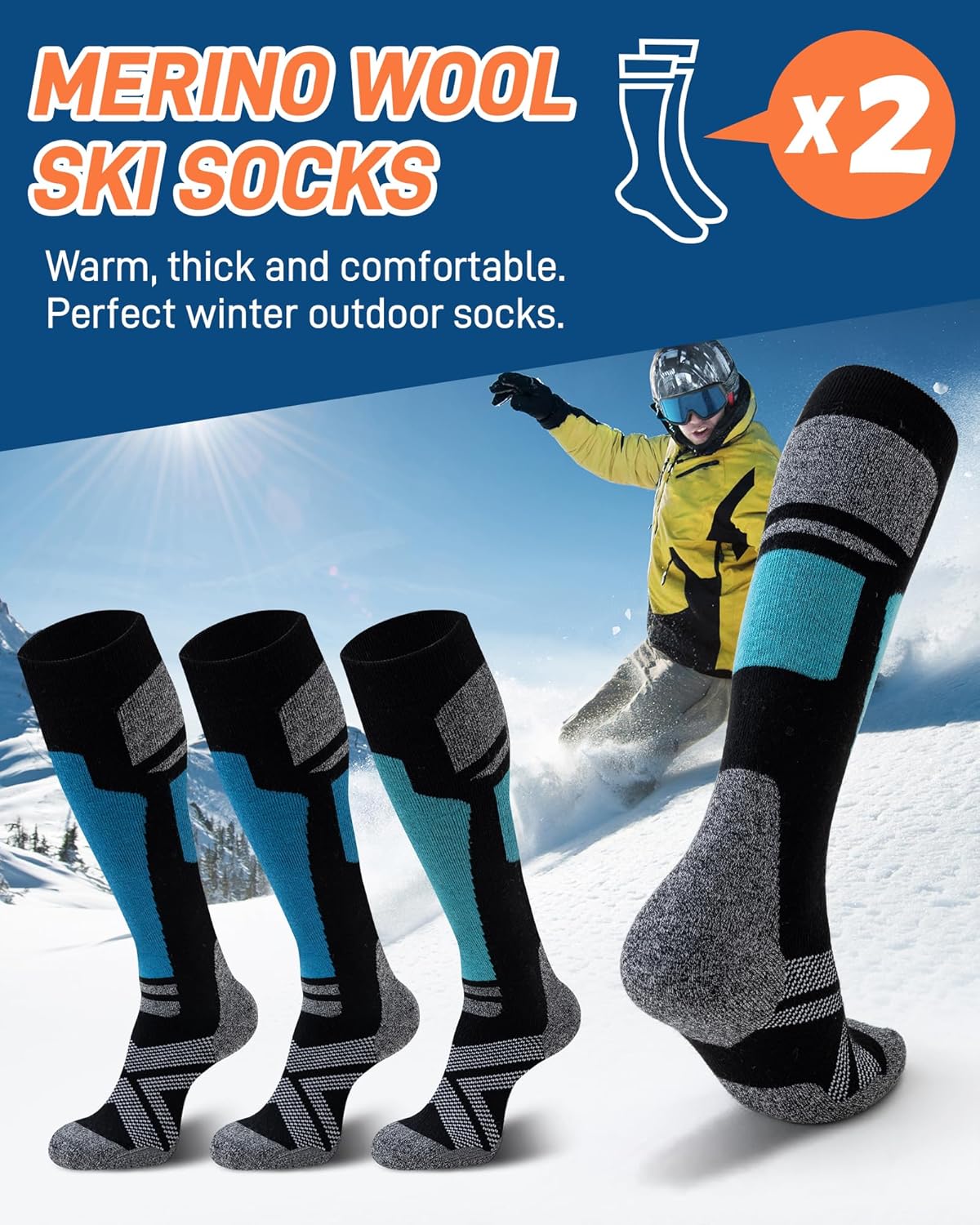 Niorasen Merino Wool Ski Socks Men Women, 2 Pairs Thermal Knee-High Socks for Winter, Full Cushion Thick Socks, Skiing, Snowboarding, Outdoor Sports, Hunting, Hiking-1