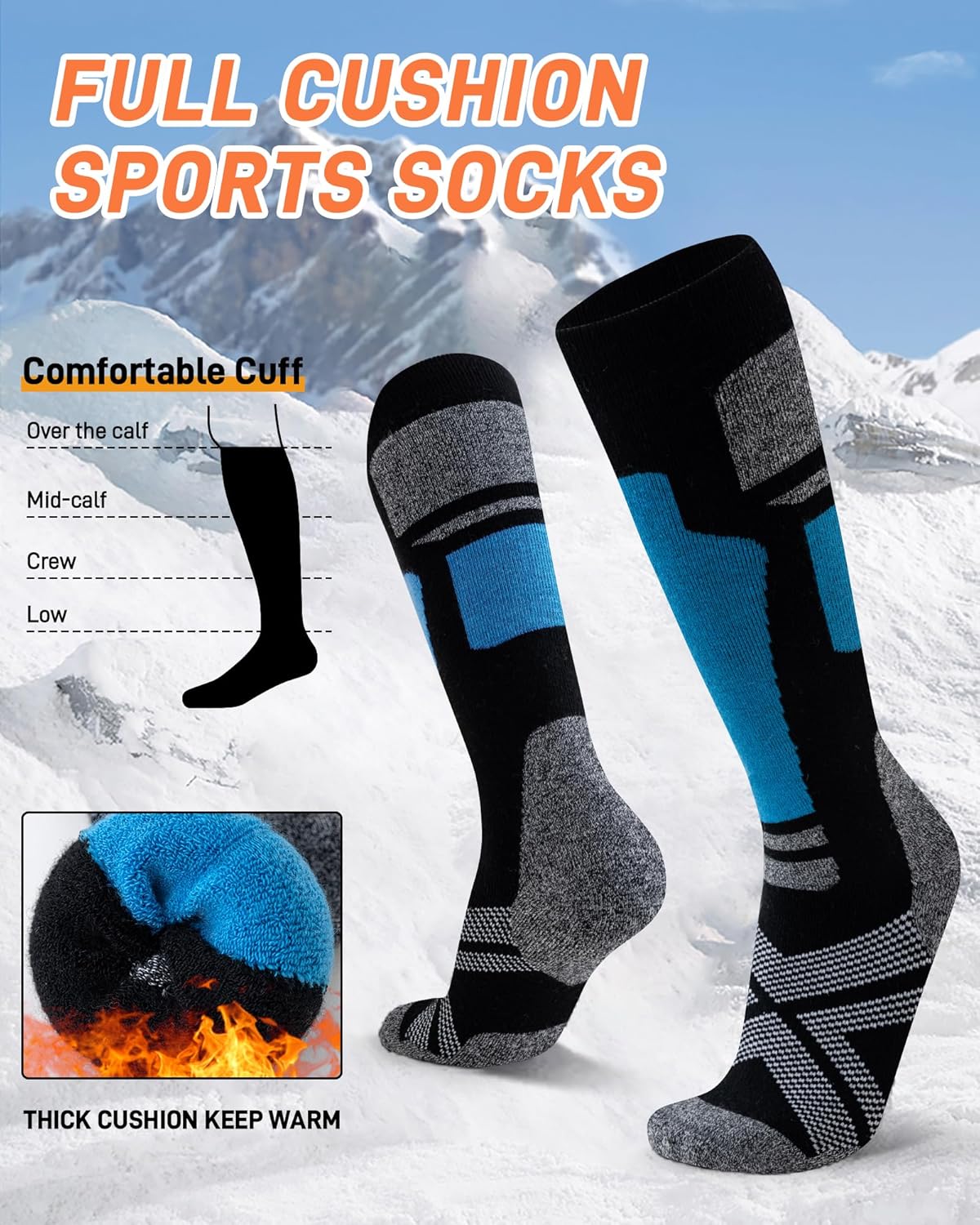 Niorasen Merino Wool Ski Socks Men Women, 2 Pairs Thermal Knee-High Socks for Winter, Full Cushion Thick Socks, Skiing, Snowboarding, Outdoor Sports, Hunting, Hiking-3