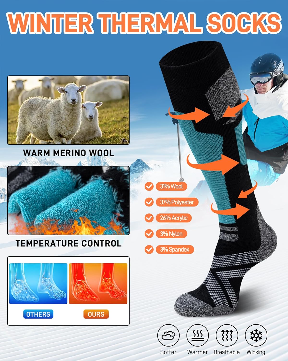 Niorasen Merino Wool Ski Socks Men Women, 2 Pairs Thermal Knee-High Socks for Winter, Full Cushion Thick Socks, Skiing, Snowboarding, Outdoor Sports, Hunting, Hiking-4