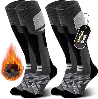 Niorasen Merino Wool Ski Socks Men, 2 Pairs Thermal Knee-High Socks for Winter, Full Cushion Thick Socks, Skiing, Snowboarding, Outdoor Sports, Hunting, Hiking