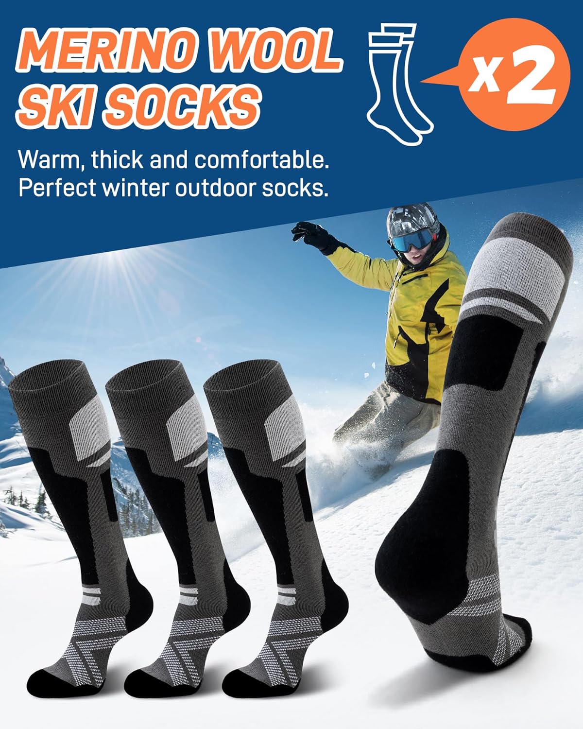 Niorasen Merino Wool Ski Socks Men, 2 Pairs Thermal Knee-High Socks for Winter, Full Cushion Thick Socks, Skiing, Snowboarding, Outdoor Sports, Hunting, Hiking-1