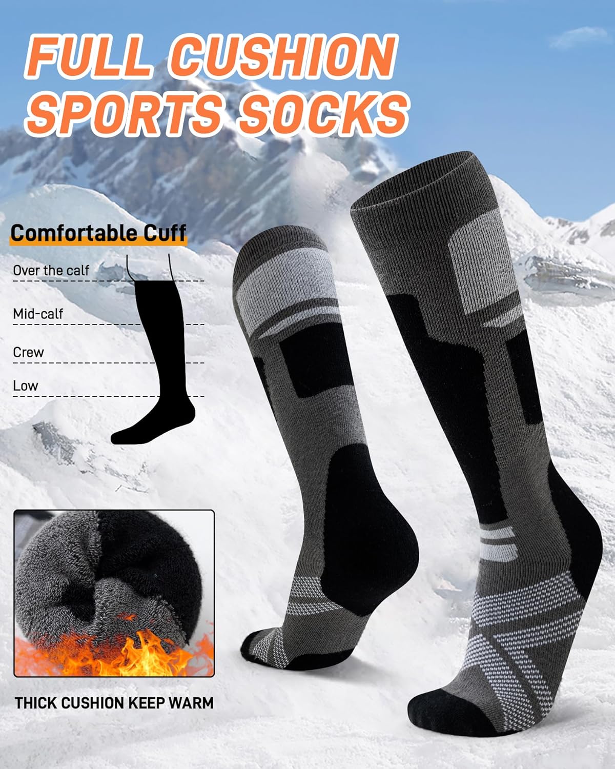 Niorasen Merino Wool Ski Socks Men, 2 Pairs Thermal Knee-High Socks for Winter, Full Cushion Thick Socks, Skiing, Snowboarding, Outdoor Sports, Hunting, Hiking-3