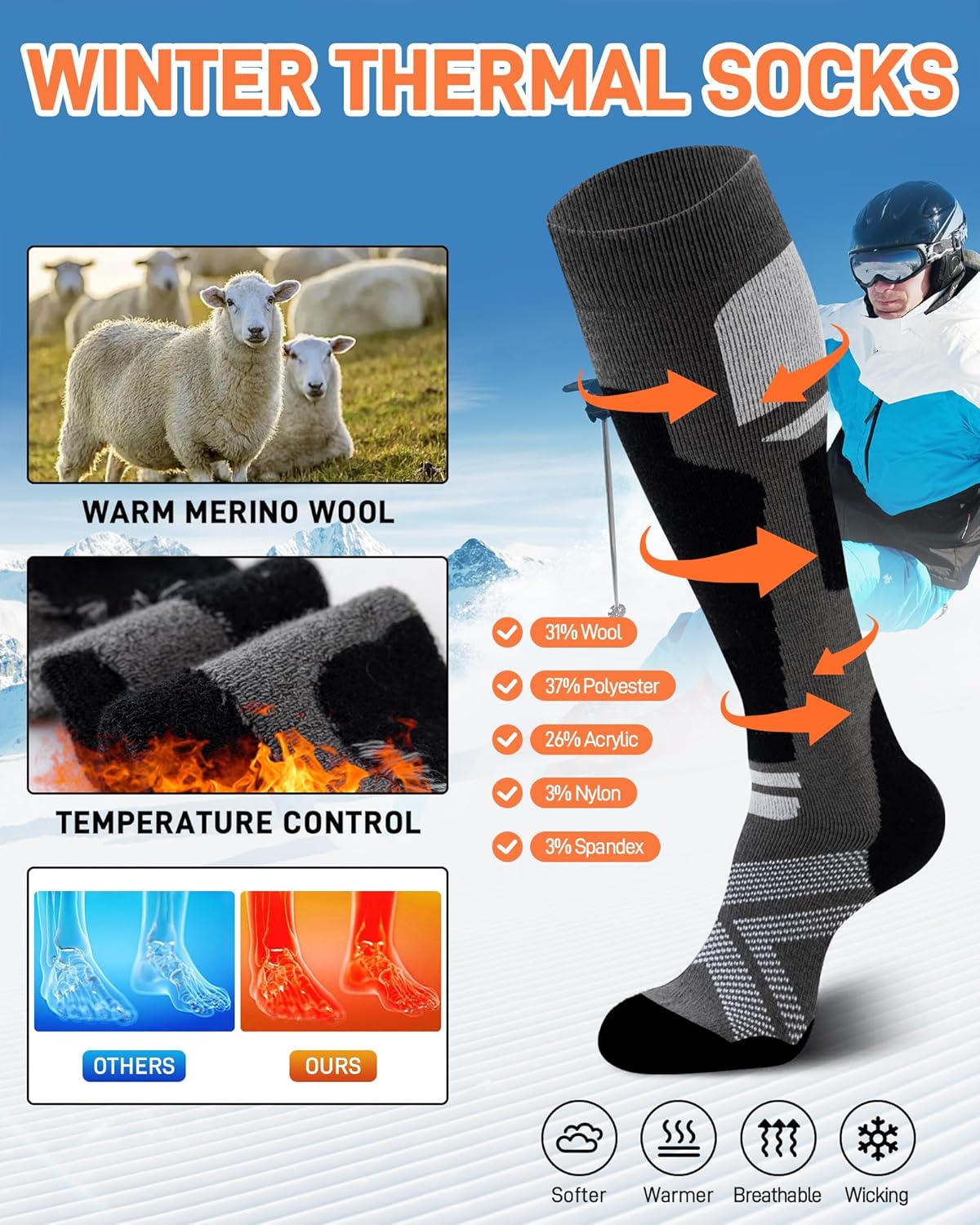 Niorasen Merino Wool Ski Socks Men, 2 Pairs Thermal Knee-High Socks for Winter, Full Cushion Thick Socks, Skiing, Snowboarding, Outdoor Sports, Hunting, Hiking-4