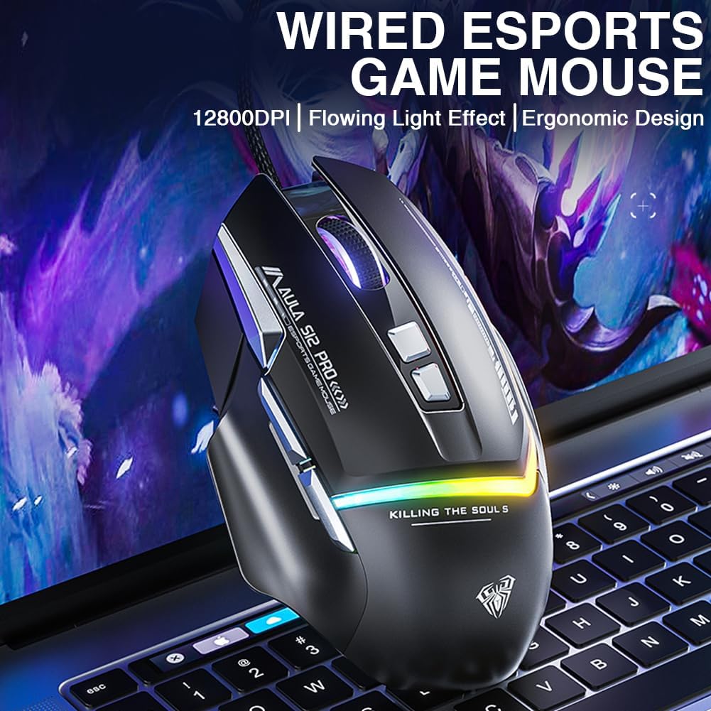 AULA S12Pro Gaming Mouse Wired,6 Adjustable DPI 12800,Ergonomic RGB Backlight Computer Mouse,Programmable PC Mouse with Side Buttons,Gaming Mice for Laptop Mac Gamer (White)-1