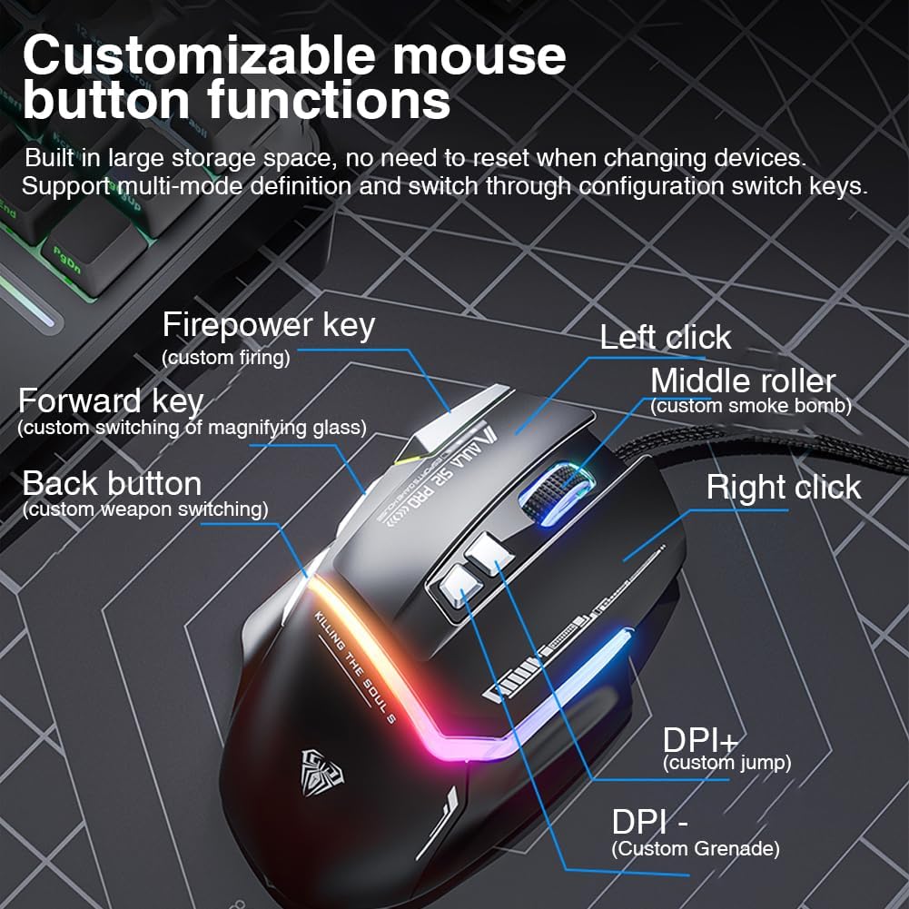 AULA S12Pro Gaming Mouse Wired,6 Adjustable DPI 12800,Ergonomic RGB Backlight Computer Mouse,Programmable PC Mouse with Side Buttons,Gaming Mice for Laptop Mac Gamer (White)-6