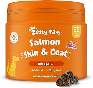 Zesty Paws Salmon Skin & Coat Care with Fish Oil for Dogs | Supports Skin Care and Healthy Coat | Dog Chews | Dog vitamins and supplements with fish oil for dogs - 90 Count