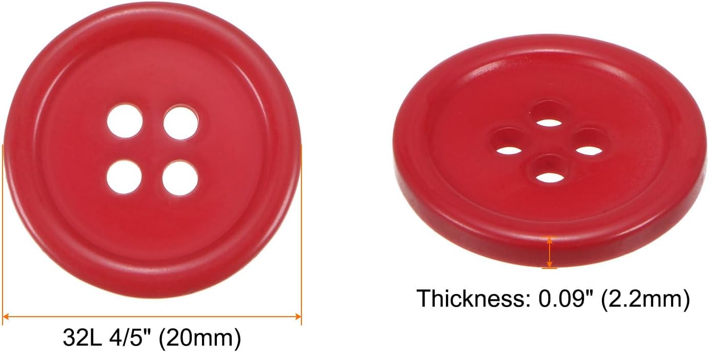 sourcing map 80pcs 32L Sewing Buttons 3/4"(20mm) Resin Round Flat 4-Hole Craft Buttons for Sewing Clothing and DIY, Red-1