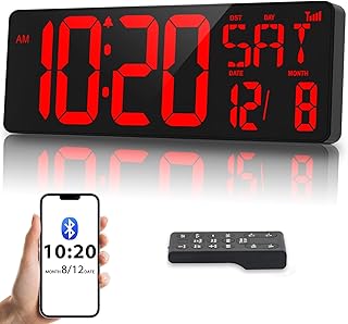 XREXS 17 Inch Large Digital Wall Clock, Bluetooth Sync Time, Auto-Dimming Clock, Date/Week/Temperature/Timer/Alarm Clock, Plug-in Large Digital Clock for Home, Gym, Office and Classroom