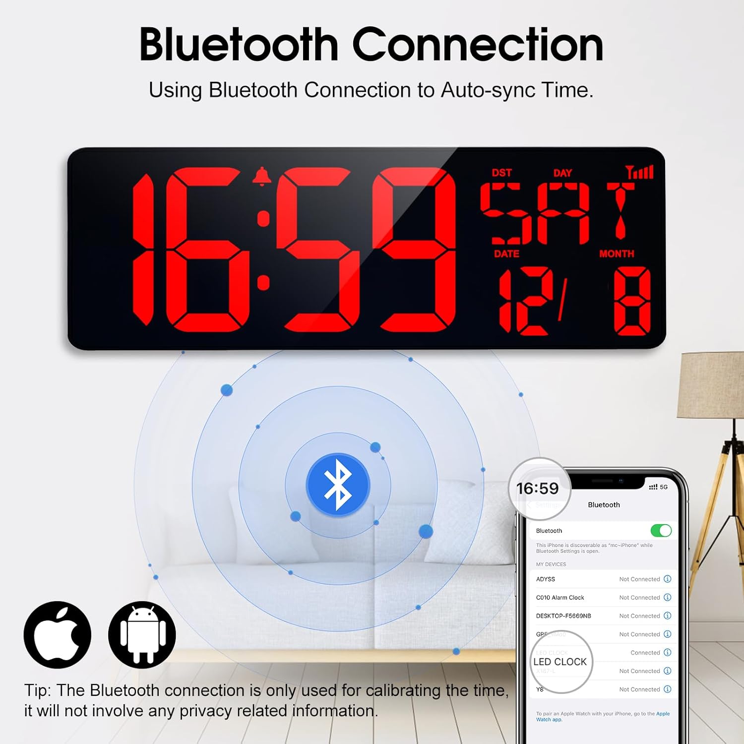 XREXS 17 Inch Large Digital Wall Clock, Bluetooth Sync Time, Auto-Dimming Clock, Date/Week/Temperature/Timer/Alarm Clock, Plug-in Large Digital Clock for Home, Gym, Office and Classroom-1