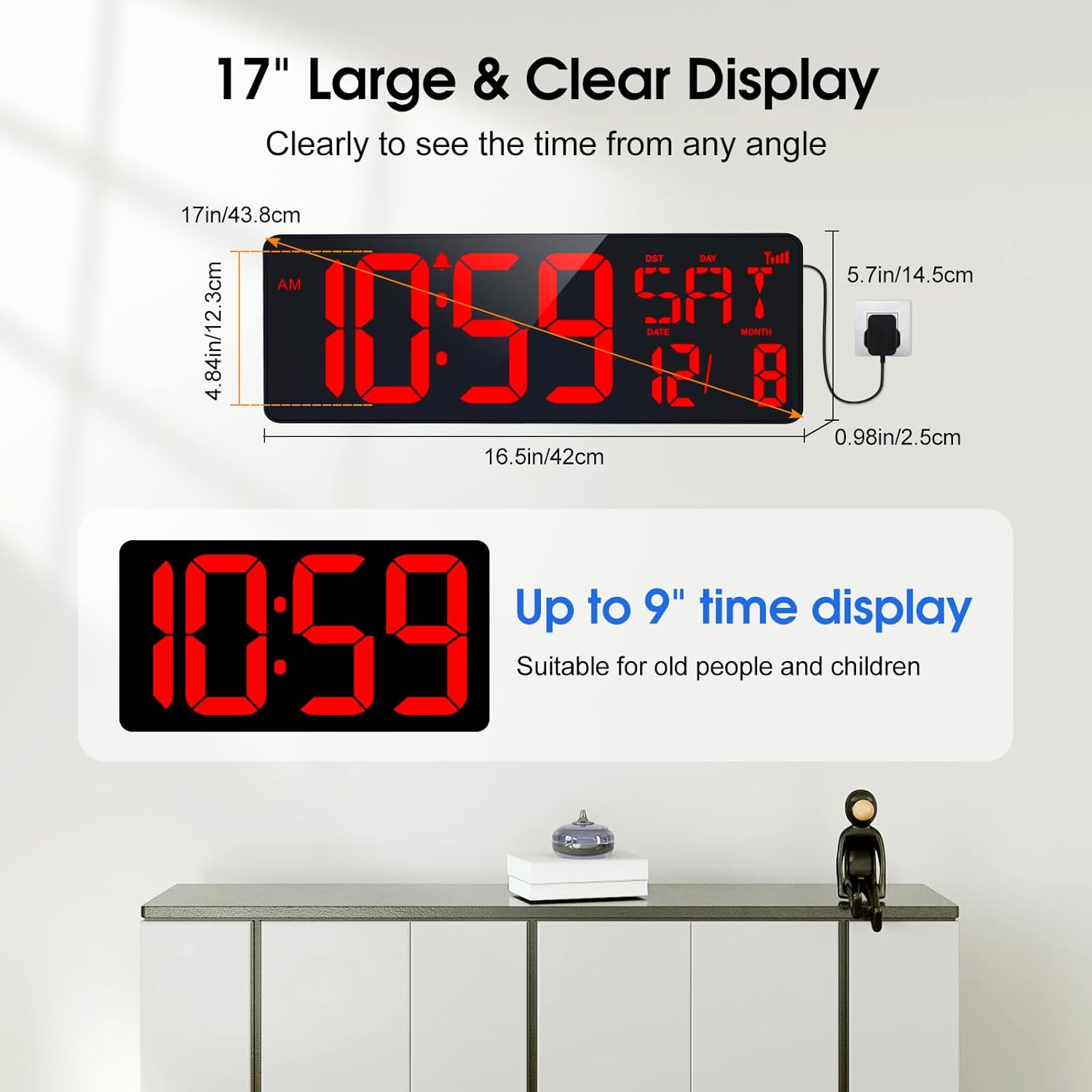 XREXS 17 Inch Large Digital Wall Clock, Bluetooth Sync Time, Auto-Dimming Clock, Date/Week/Temperature/Timer/Alarm Clock, Plug-in Large Digital Clock for Home, Gym, Office and Classroom-3