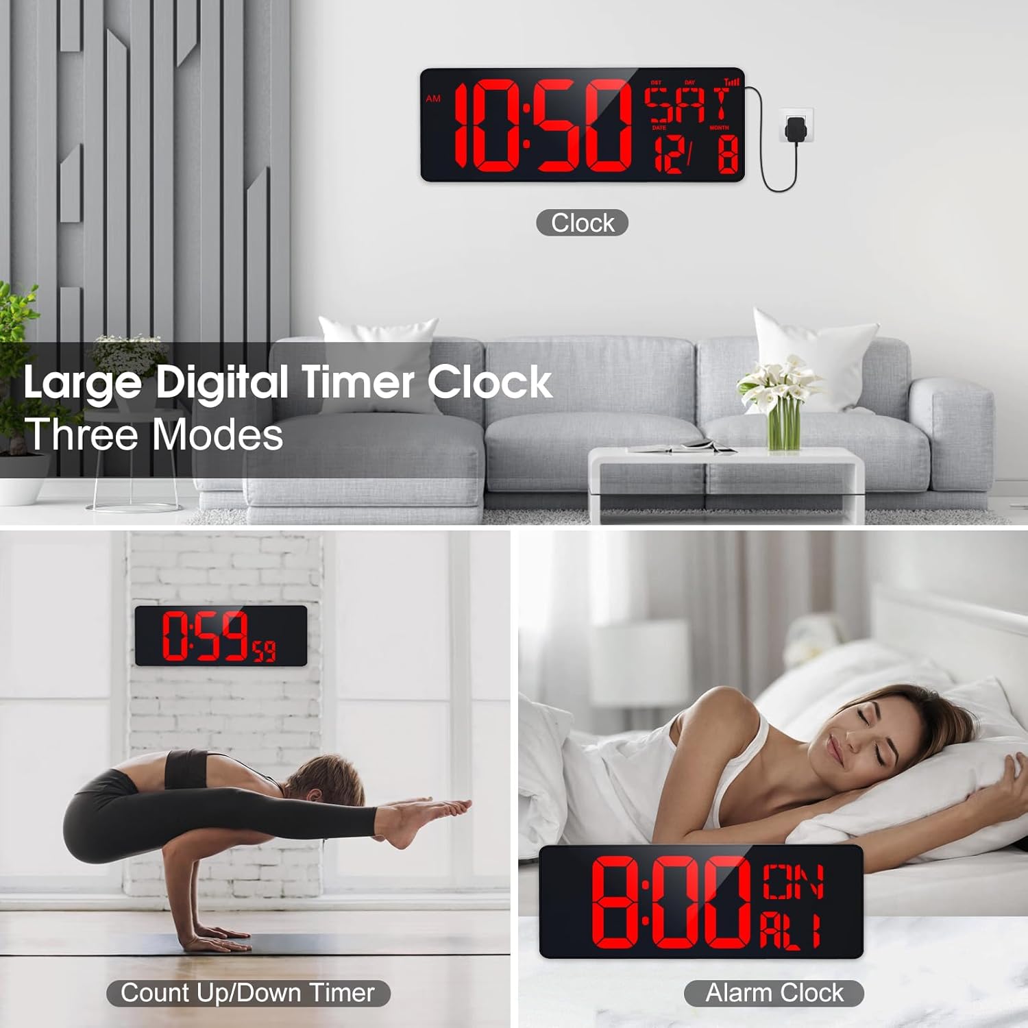 XREXS 17 Inch Large Digital Wall Clock, Bluetooth Sync Time, Auto-Dimming Clock, Date/Week/Temperature/Timer/Alarm Clock, Plug-in Large Digital Clock for Home, Gym, Office and Classroom-6