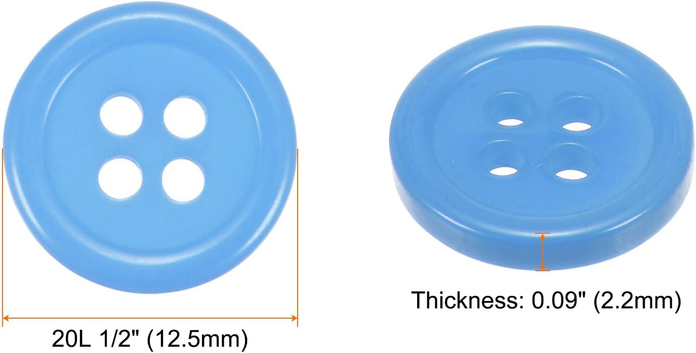 sourcing map 100pcs 20L Sewing Buttons 1/2"(12.5mm) Resin Round Flat 4-Hole Craft Buttons for Sewing Clothing and DIY, Light Blue-1