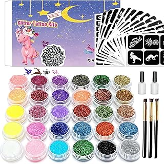 Glitter Tattoos Kit, Temporary Tattoo Set for Kids, 30 Colors Body Glitter,135 Tattoo Stencil, Festival Glitter Make-up for Girls Kids Teenagers Adults