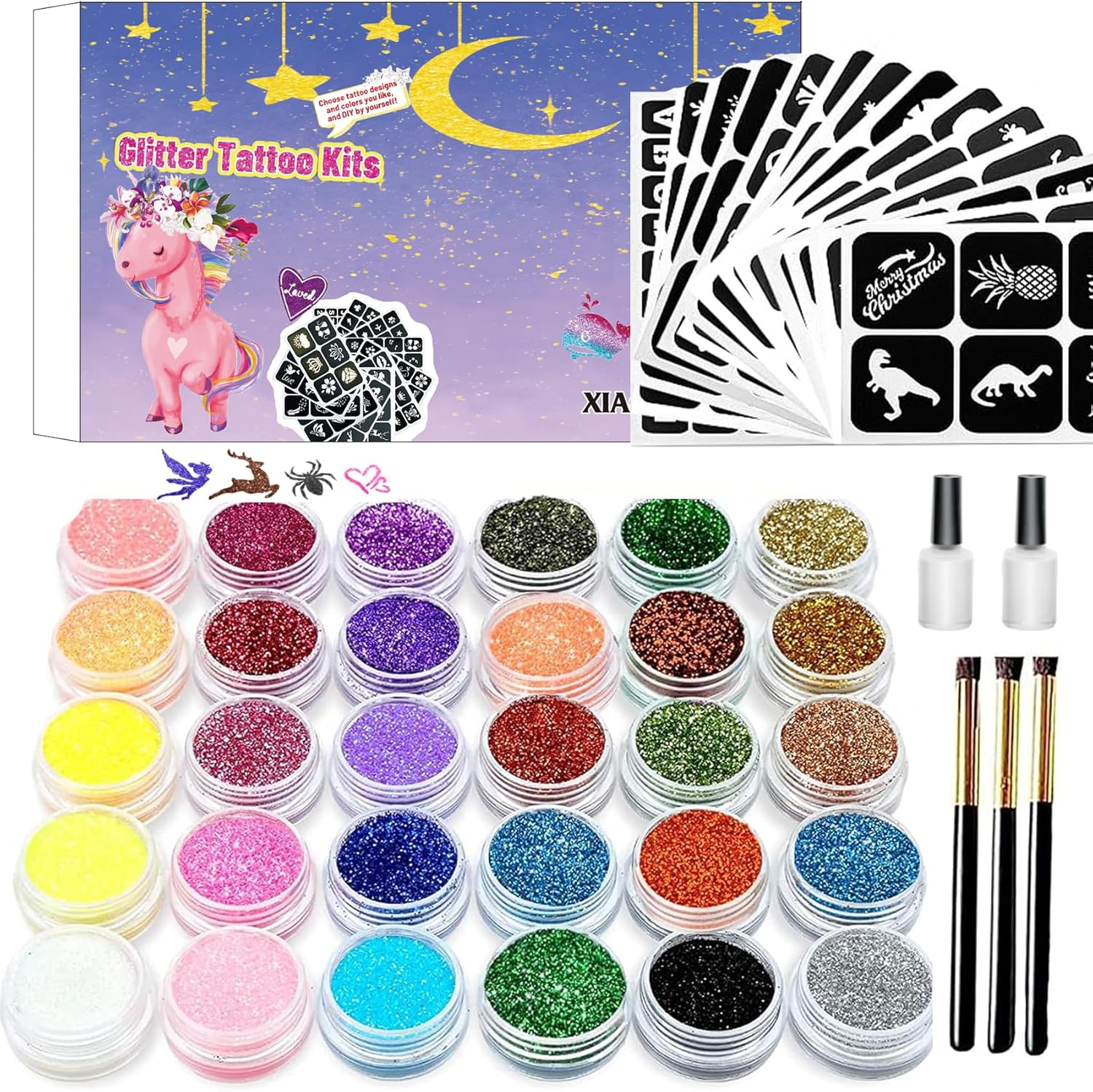 Glitter Tattoos Kit, Temporary Tattoo Set for Kids, 30 Colors Body Glitter,135 Tattoo Stencil, Festival Glitter Make-up for Girls Kids Teenagers Adults-0