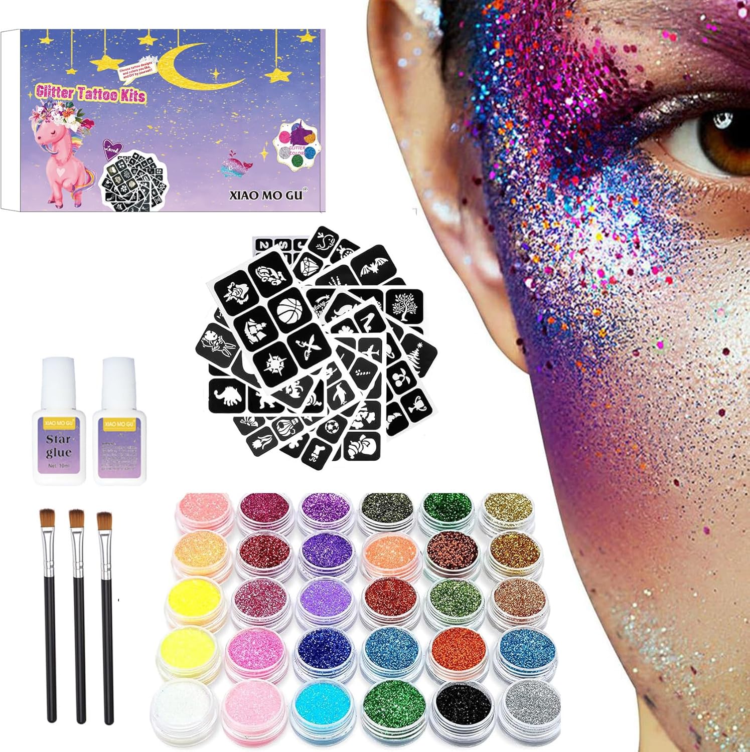 Glitter Tattoos Kit, Temporary Tattoo Set for Kids, 30 Colors Body Glitter,135 Tattoo Stencil, Festival Glitter Make-up for Girls Kids Teenagers Adults-1