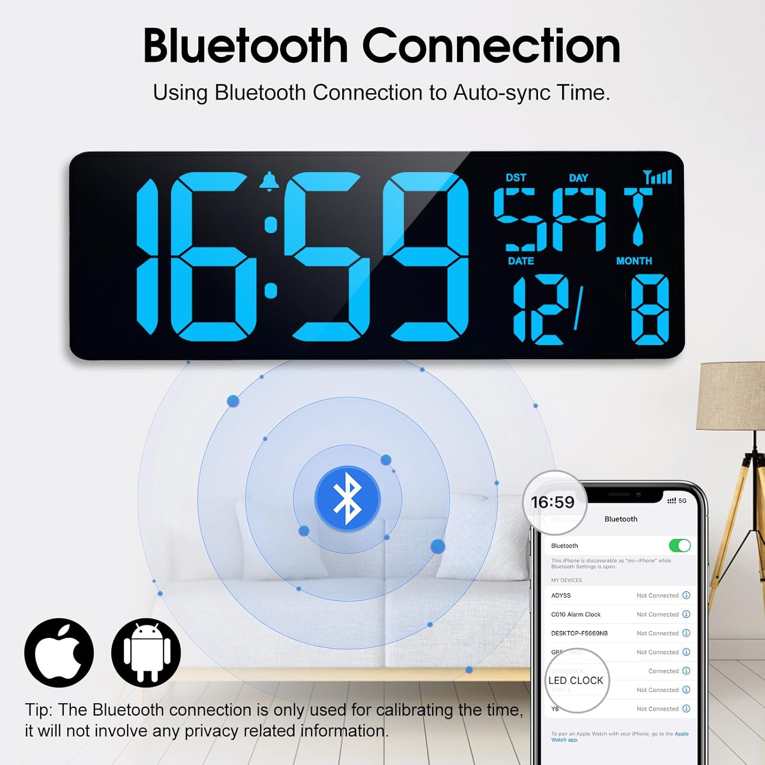 XREXS 17 Inch Large Digital Wall Clock with Bluetooth Function, Auto-sync Time, Adjustable Brightness Clock with Time/Date/Temperature/Timer/Alarm Clock for Home, Gym, Office and Classroom-1