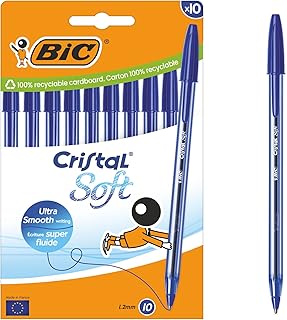 Bic Cristal Soft Ballpoint Pens Medium Tip (1.2 mm) with Easy Glide Ink – Blue, Box of 10