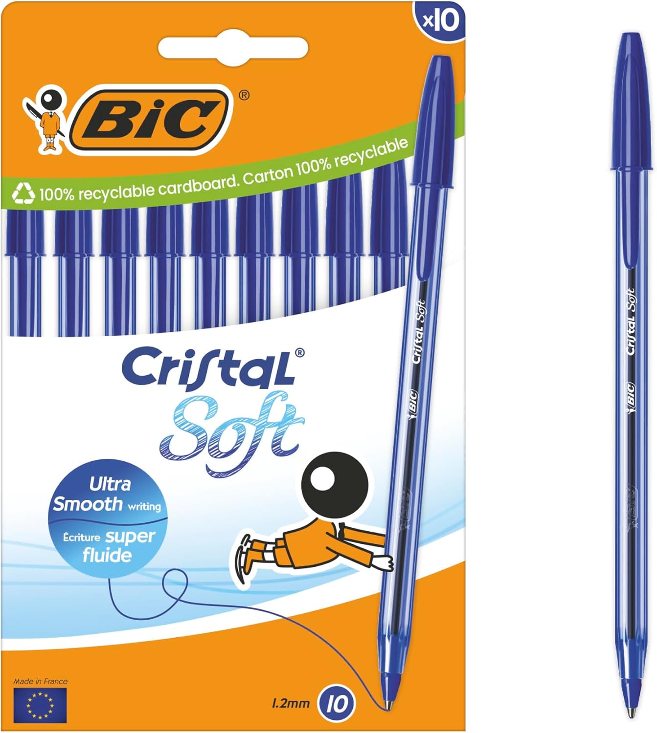 Bic Cristal Soft Ballpoint Pens Medium Tip (1.2 mm) with Easy Glide Ink – Blue, Box of 10-0