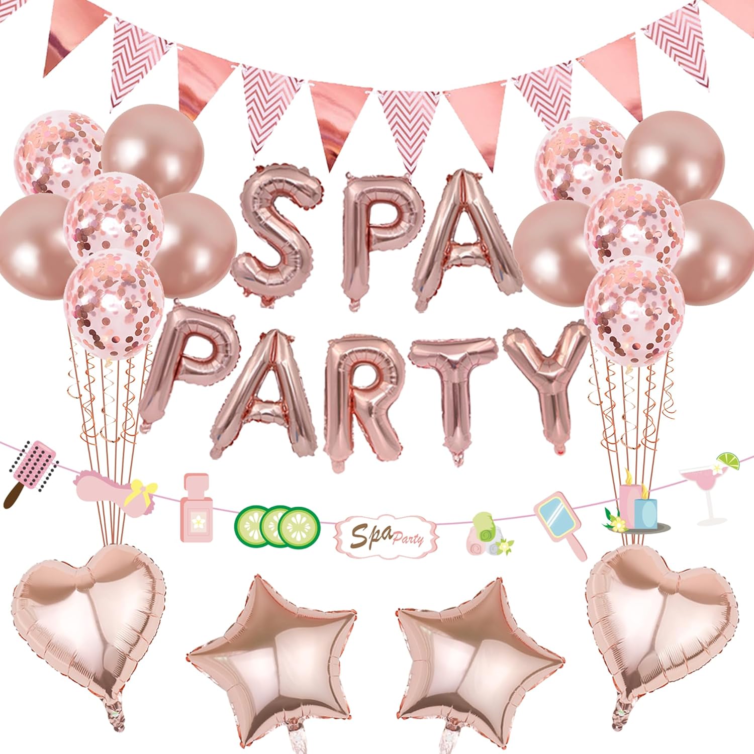 Spa Party Supplies for Girls - Rose Gold Spa Party Balloon Banner Garland and Triangle Bunting Flags, Girls Night Birthday Pamper Party Makeup Party Decoration-0