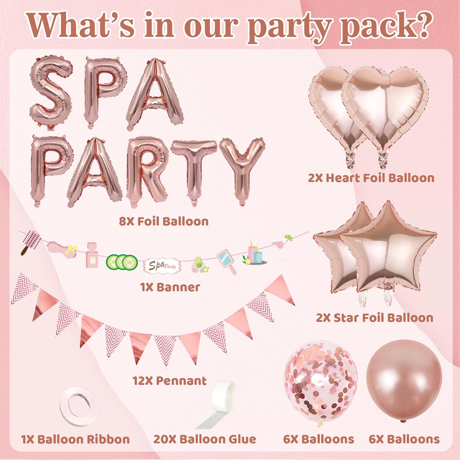 Spa Party Supplies for Girls - Rose Gold Spa Party Balloon Banner Garland and Triangle Bunting Flags, Girls Night Birthday Pamper Party Makeup Party Decoration-1