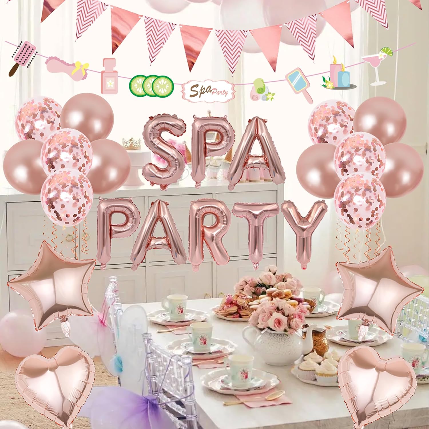 Spa Party Supplies for Girls - Rose Gold Spa Party Balloon Banner Garland and Triangle Bunting Flags, Girls Night Birthday Pamper Party Makeup Party Decoration-2