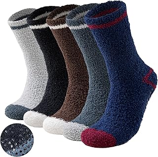 Niorasen Mens Fluffy Slipper Socks with Grippers,5 Pairs Thermal Thick Socks for Men Women, Winter Warm Cosy Fuzzy Fleece Non Slip Bed Sleeping Socks for Home Floor