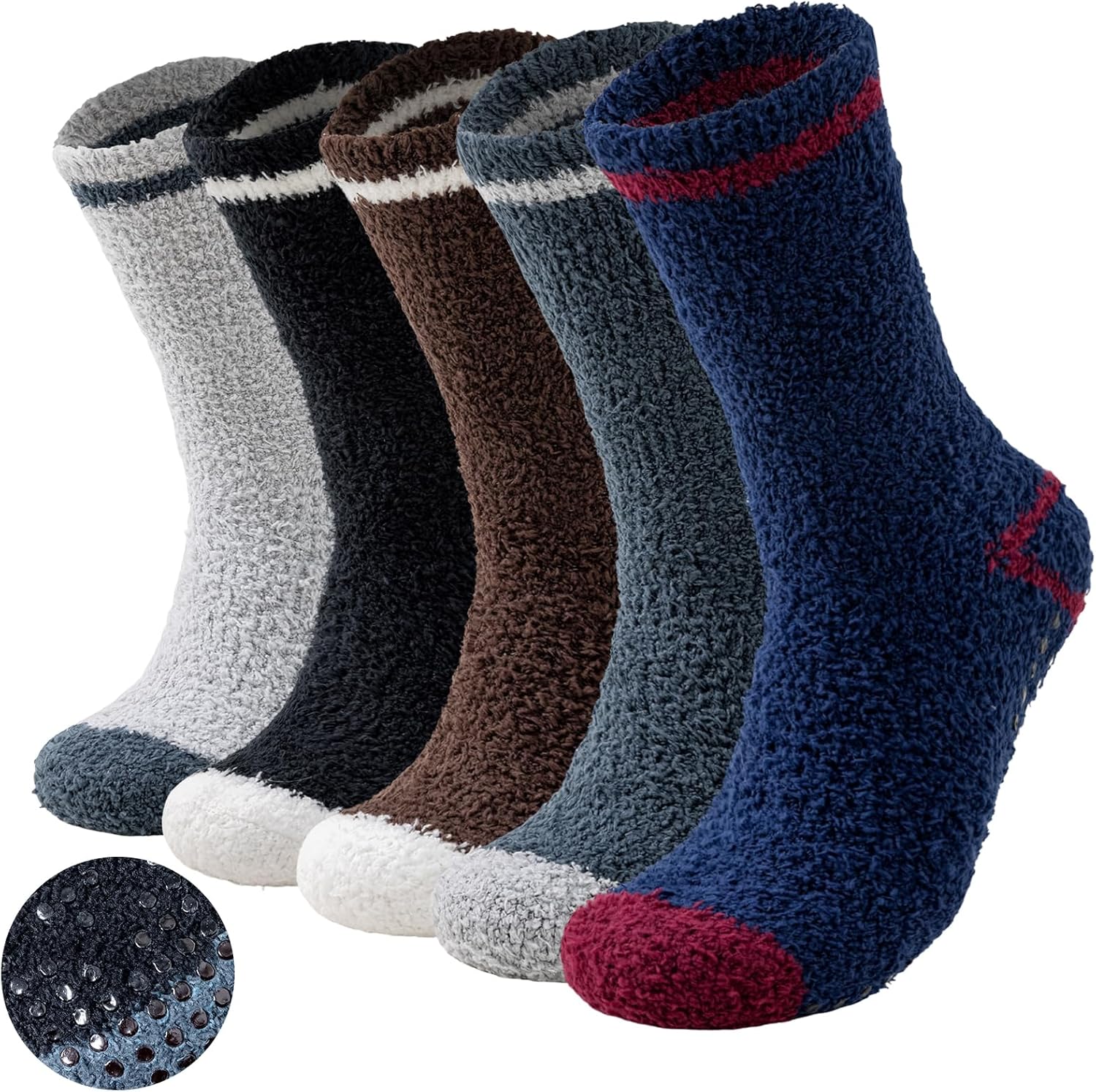 Niorasen Mens Fluffy Slipper Socks with Grippers,5 Pairs Thermal Thick Socks for Men Women, Winter Warm Cosy Fuzzy Fleece Non Slip Bed Sleeping Socks for Home Floor-0