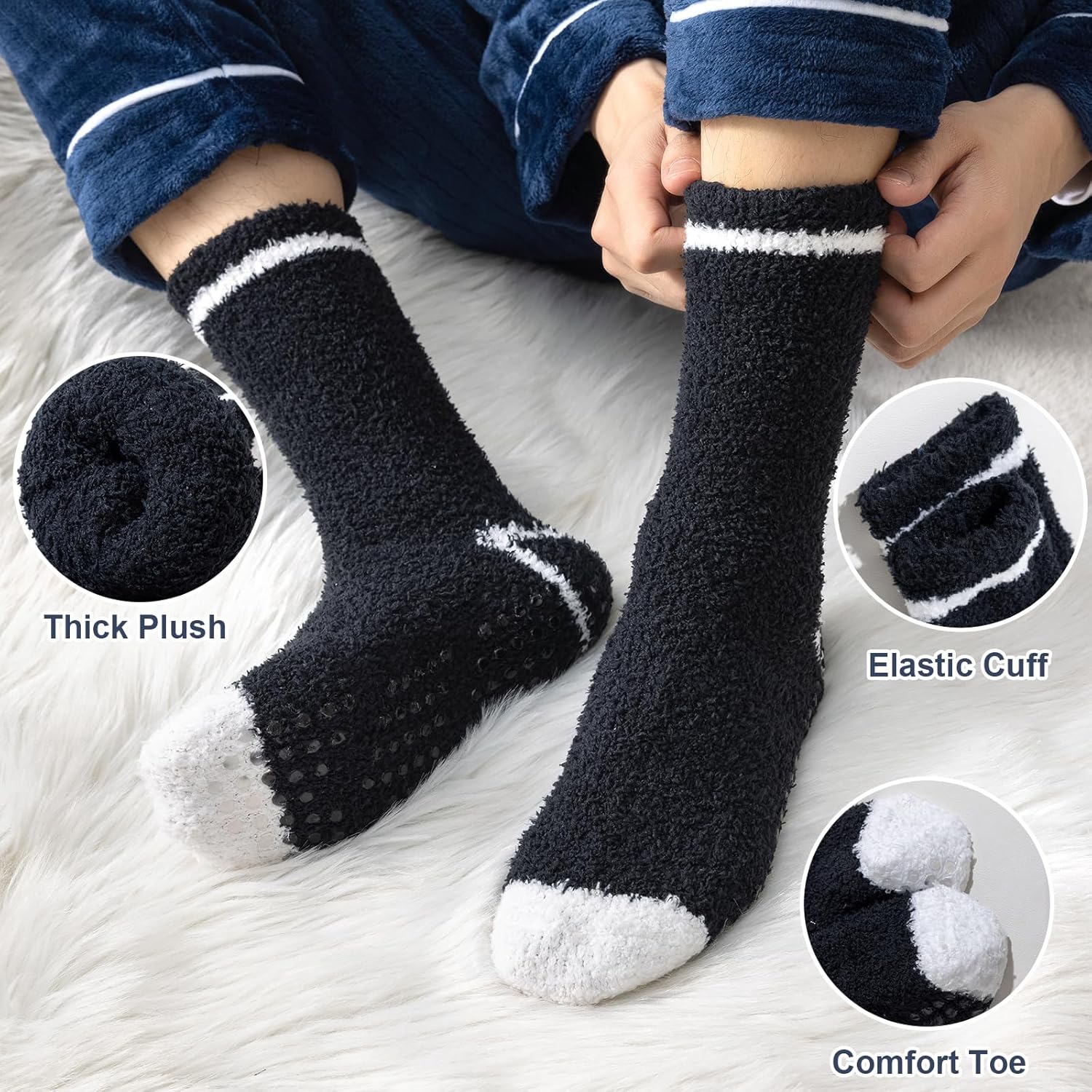 Niorasen Mens Fluffy Slipper Socks with Grippers,5 Pairs Thermal Thick Socks for Men Women, Winter Warm Cosy Fuzzy Fleece Non Slip Bed Sleeping Socks for Home Floor-3