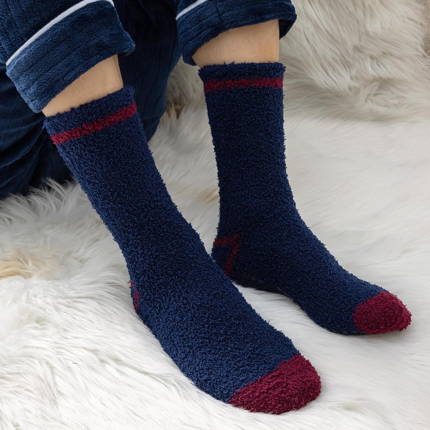 Niorasen Mens Fluffy Slipper Socks with Grippers,5 Pairs Thermal Thick Socks for Men Women, Winter Warm Cosy Fuzzy Fleece Non Slip Bed Sleeping Socks for Home Floor-4