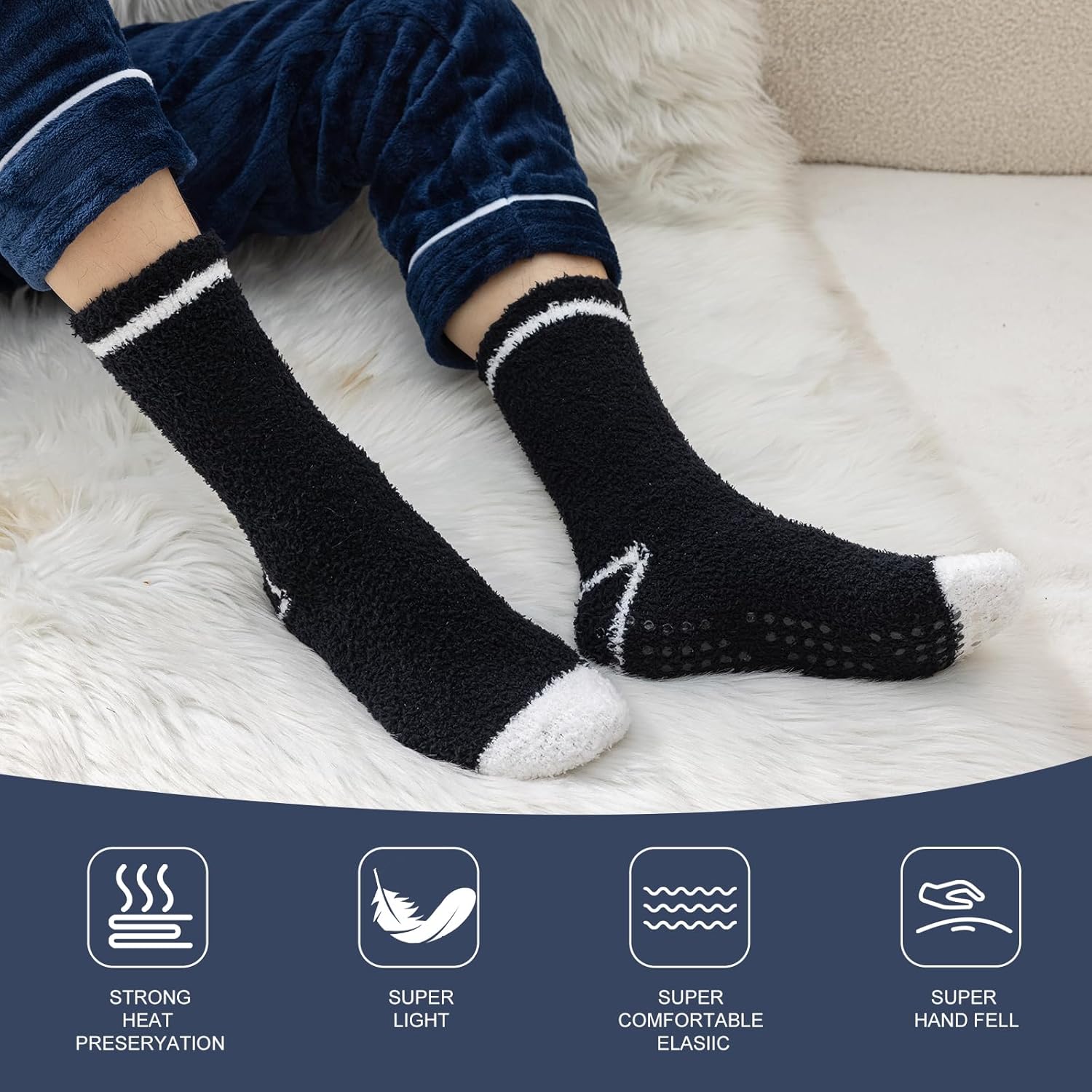 Niorasen Mens Fluffy Slipper Socks with Grippers,5 Pairs Thermal Thick Socks for Men Women, Winter Warm Cosy Fuzzy Fleece Non Slip Bed Sleeping Socks for Home Floor-5