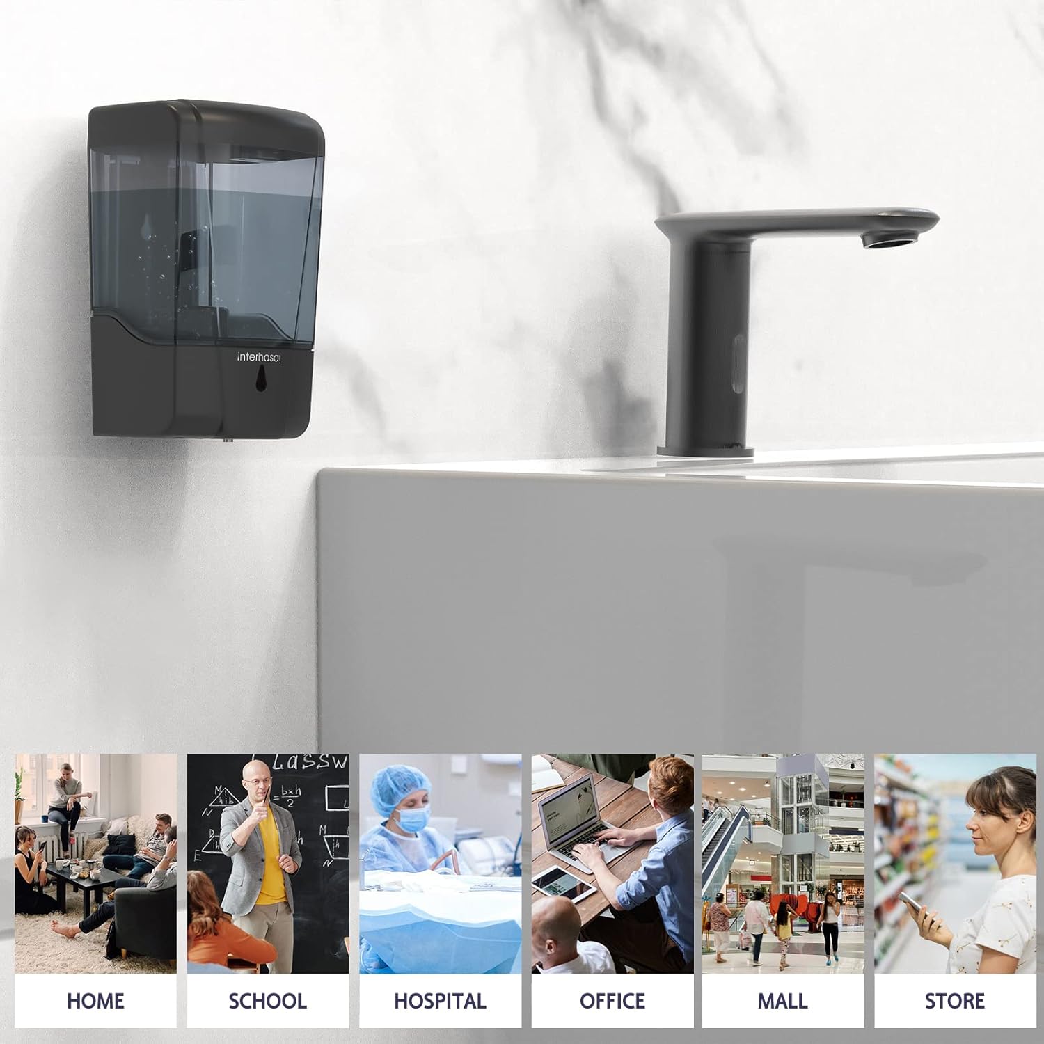 interhasa! Soap Dispenser Wall Mount Hand Sanitizer Dispenser Touchless Automatic Hand Soap Dispenser Commercial Soap Dispenser for Bathroom Kitchen 600ml/20oz Black-5