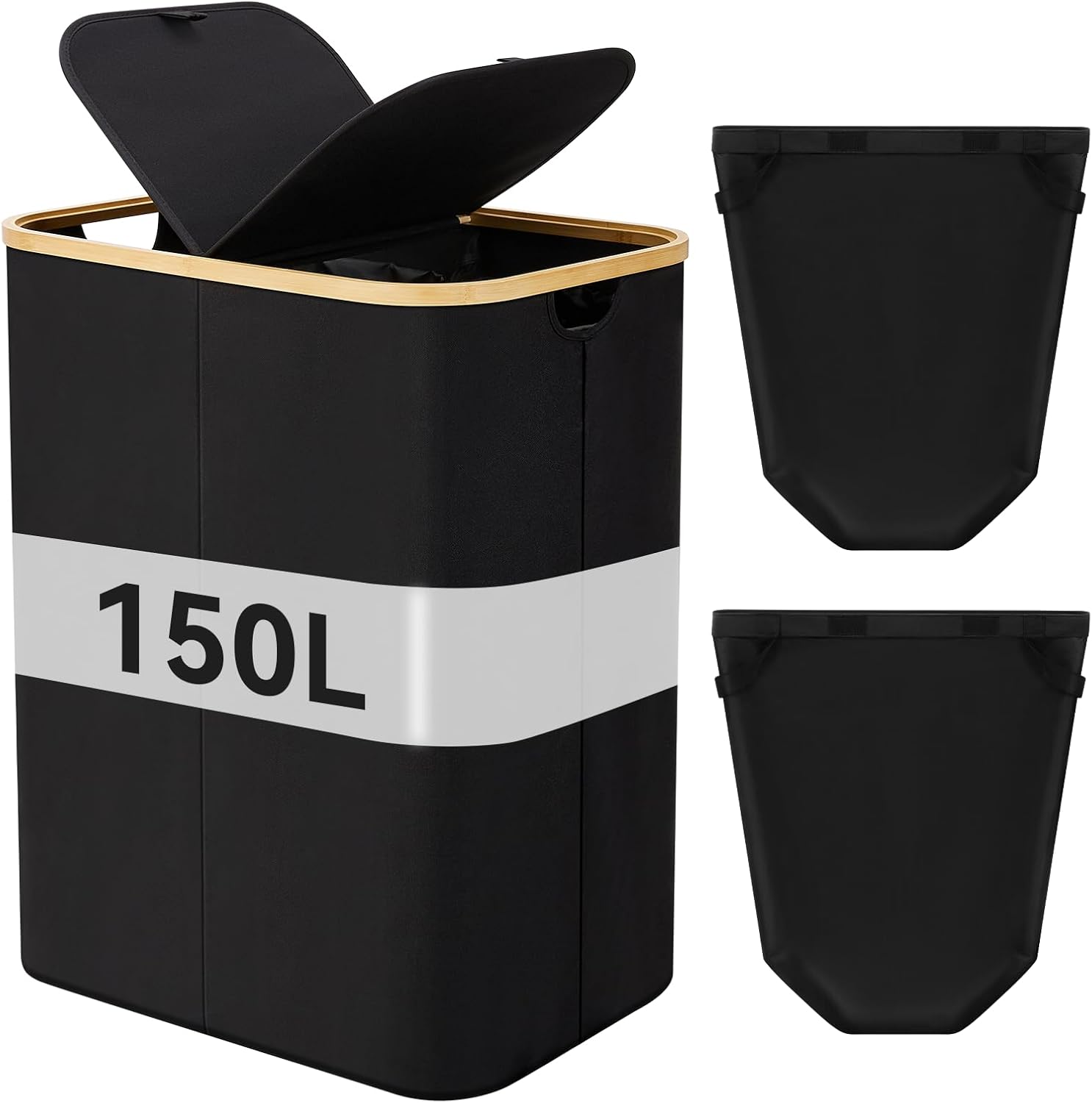 Warmiehomy 150L Laundry Basket with Lid, 2 Compartments Laundry Basket Foldable Laundry Hamper Large Laundry Bin Double Laundry Basket with Removeable Inner Bags for Bathroom,Bedroom,Black-0