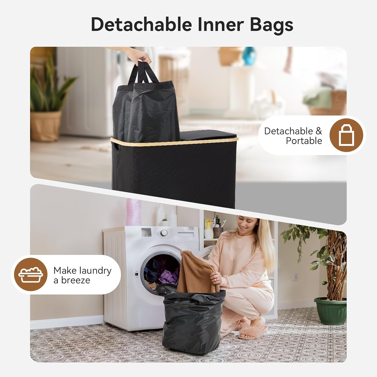 Warmiehomy 150L Laundry Basket with Lid, 2 Compartments Laundry Basket Foldable Laundry Hamper Large Laundry Bin Double Laundry Basket with Removeable Inner Bags for Bathroom,Bedroom,Black-3