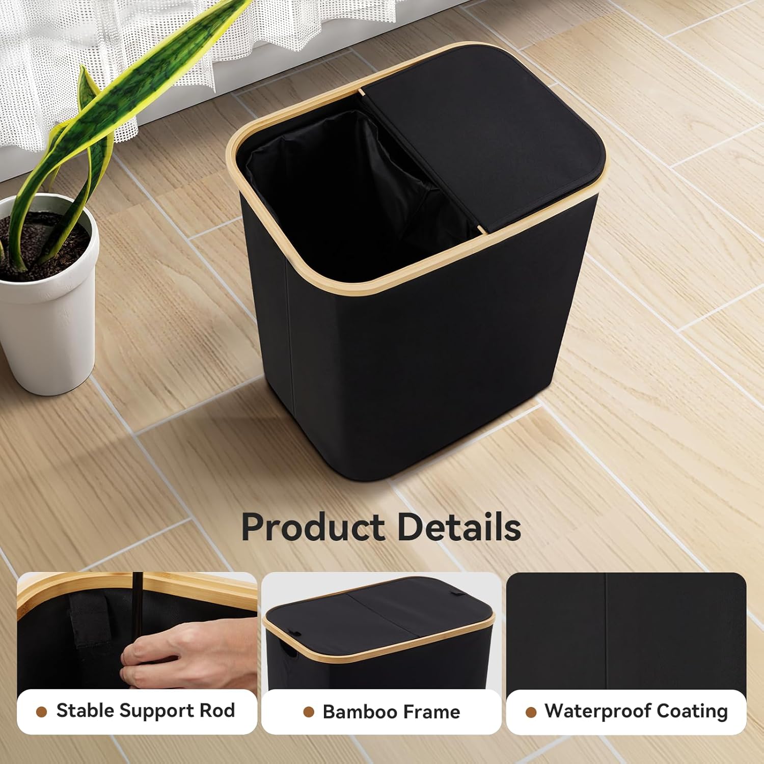 Warmiehomy 150L Laundry Basket with Lid, 2 Compartments Laundry Basket Foldable Laundry Hamper Large Laundry Bin Double Laundry Basket with Removeable Inner Bags for Bathroom,Bedroom,Black-4