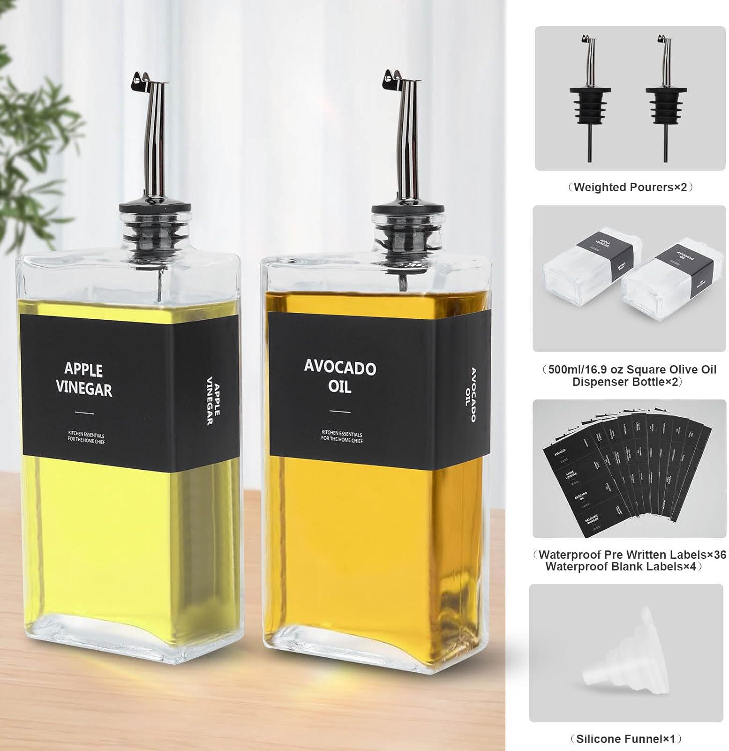 sunal Olive Oil Dispenser Bottles,Black Oil Dispenser Bottle for Kitchen,500ml/16.9 oz Glass Oil and Vinegar Dispenser Set,Oil Bottle with Weighted Pourer and Waterproof Label&Silicone Funnel,2pack-2