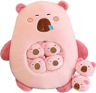 Aiuidun Capybara Plush with 6 Cute Babies Capybara Stuffed Animals,a Bag of Capybara Animal Snack Pillow,Super Soft Capybara Plushie Doll Pillow for Baby Boys Girls Toys(Pink)