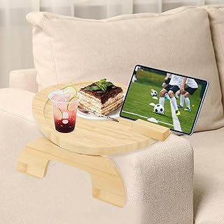 MEKOTRIN Sofa Arm Tray Table, Foldable Couch Arm Table, Clip-On Bamboo Sofa Armrest Tray with Rotating Mobile Holder, Stable Wood Couch Organizer Tray for Drinks Snacks Phone 2 Types(Ellipse)