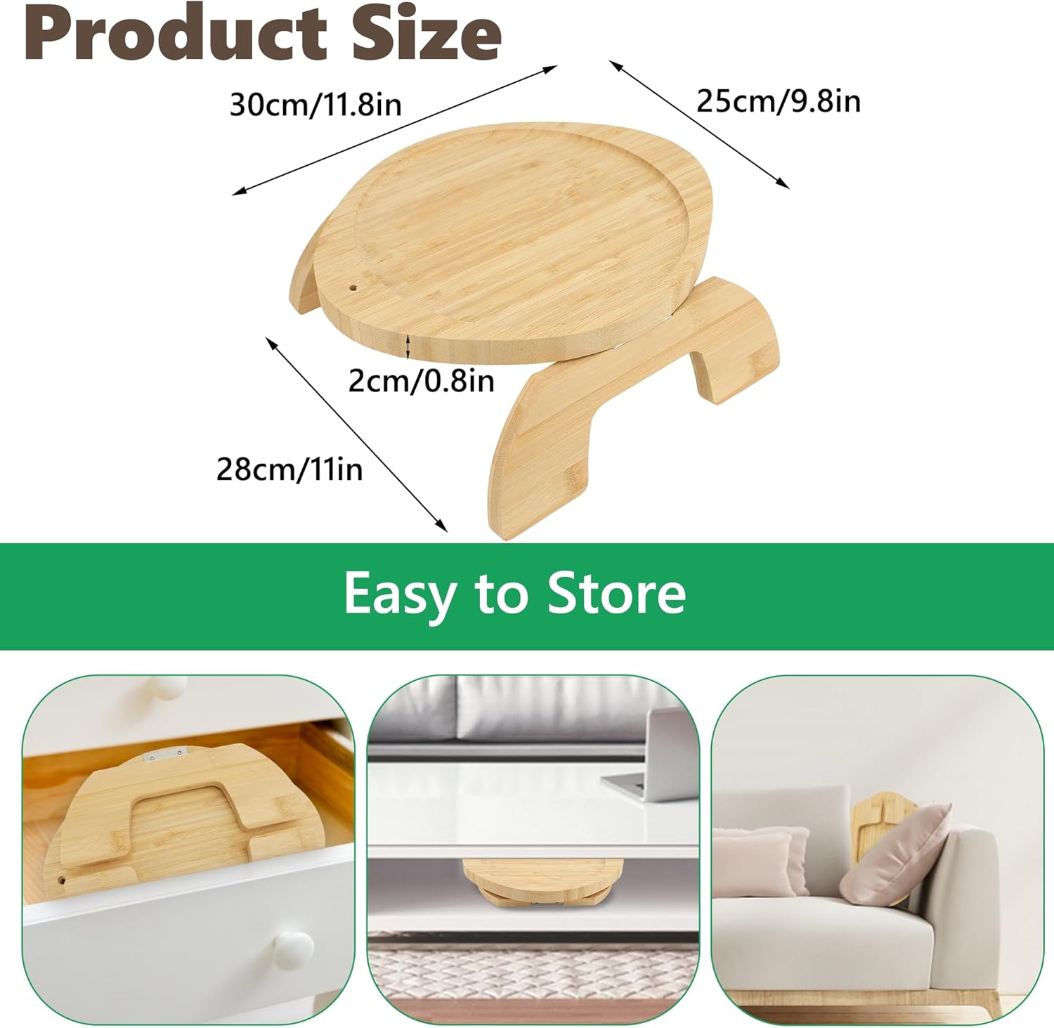 MEKOTRIN Sofa Arm Tray Table, Foldable Couch Arm Table, Clip-On Bamboo Sofa Armrest Tray with Rotating Mobile Holder, Stable Wood Couch Organizer Tray for Drinks Snacks Phone 2 Types(Ellipse)-1