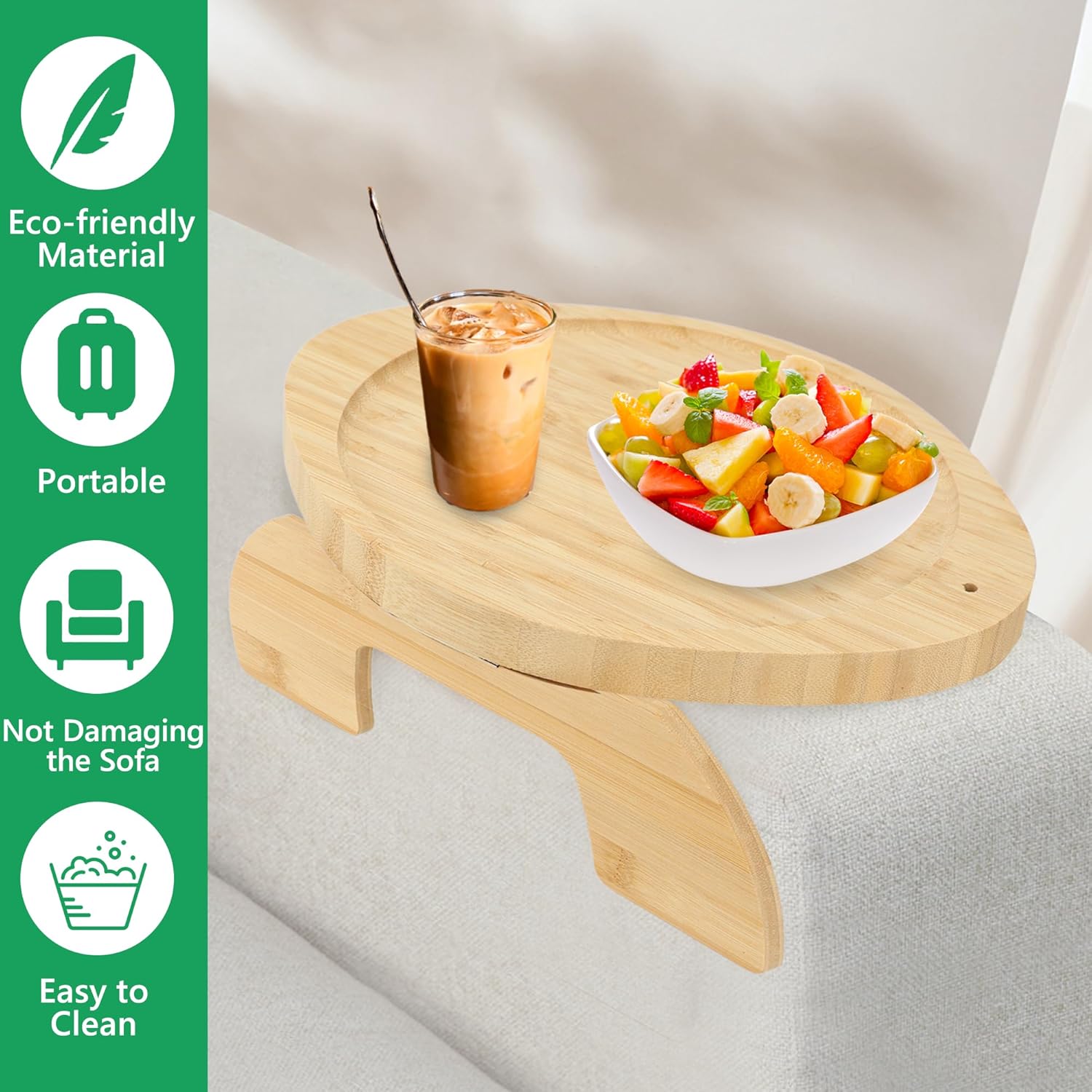 MEKOTRIN Sofa Arm Tray Table, Foldable Couch Arm Table, Clip-On Bamboo Sofa Armrest Tray with Rotating Mobile Holder, Stable Wood Couch Organizer Tray for Drinks Snacks Phone 2 Types(Ellipse)-6