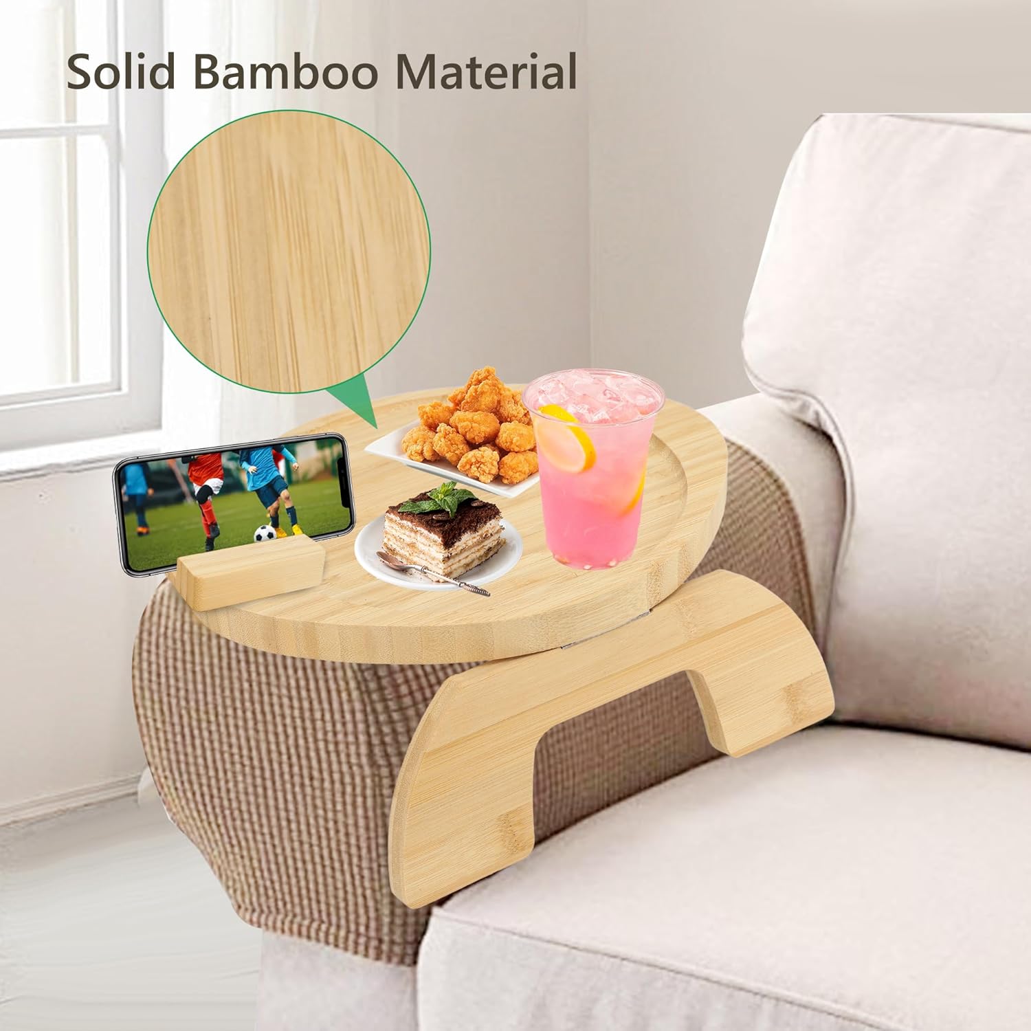 MEKOTRIN Sofa Arm Tray Table, Foldable Couch Arm Table, Clip-On Bamboo Sofa Armrest Tray with Rotating Mobile Holder, Stable Wood Couch Organizer Tray for Drinks Snacks Phone 2 Types(Ellipse)-7