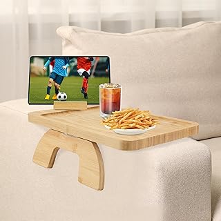 MEKOTRIN Sofa Arm Tray Table, Foldable Couch Arm Table, Clip-On Bamboo Sofa Armrest Tray with Rotating Mobile Holder, Stable Wood Couch Organizer Tray for Drinks Snacks Phone 2 Types(Quadrate)