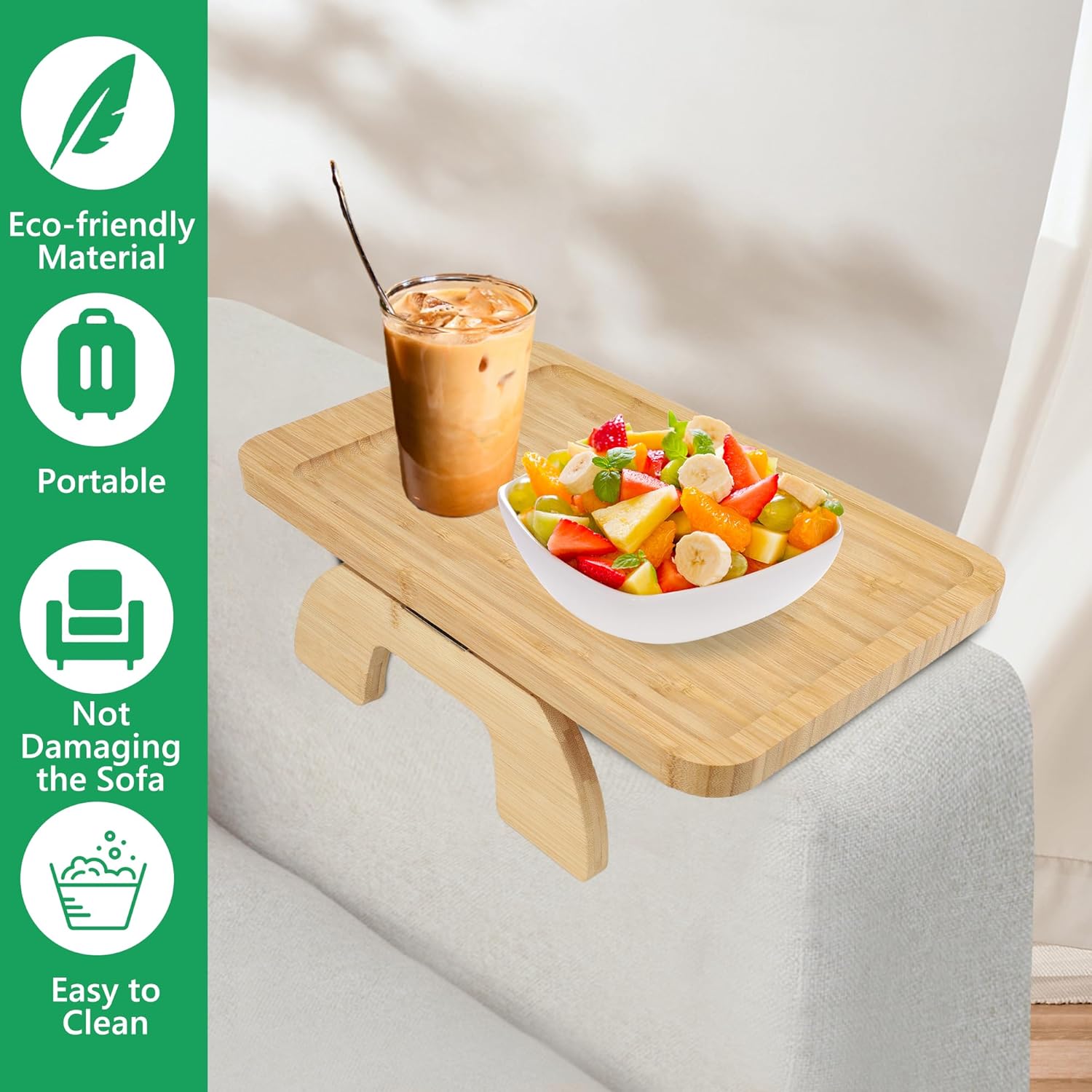 MEKOTRIN Sofa Arm Tray Table, Foldable Couch Arm Table, Clip-On Bamboo Sofa Armrest Tray with Rotating Mobile Holder, Stable Wood Couch Organizer Tray for Drinks Snacks Phone 2 Types(Quadrate)-6