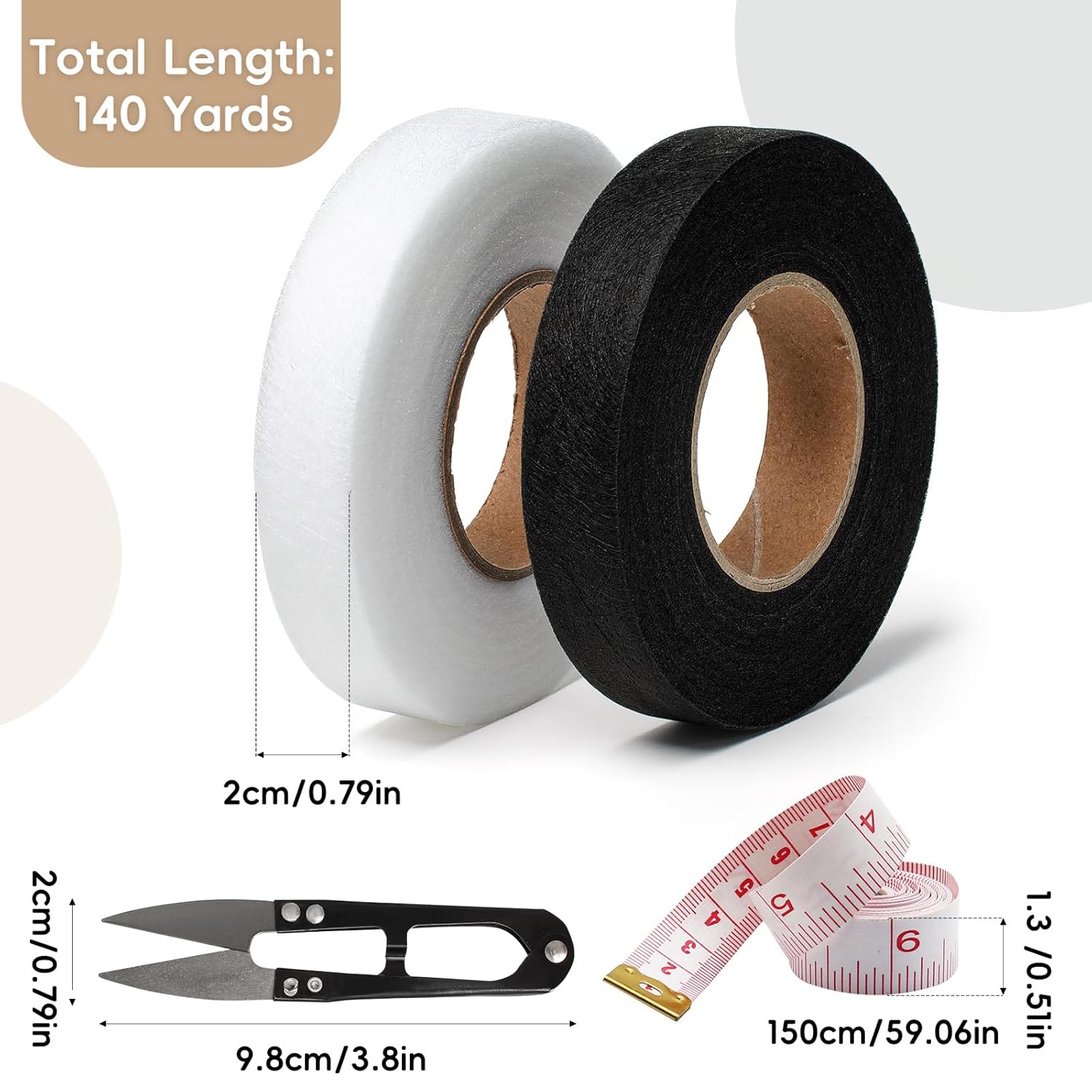 TOPBELIEF 2 Pack Hemming Tape Sewing Tape Wonder Web Iron on Hemming Tape Fabric Tape Curtain Tape Seam Tape Hemming Tape with Soft Tape Measure Scissors for Trousers Clothes 140 Yards-1