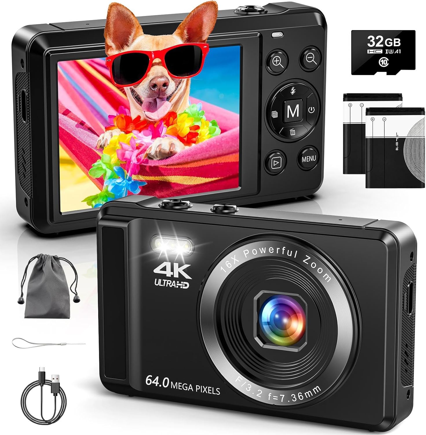 Digital Camera 4K 64MP Digital Camera with 32G SD Card Autofocus Vlogging Camera with Two 1200 mAh Batteries for Photography 16X Digital Zoom Mini Compact Camera for Kids Teenagers Beginners Adults-0