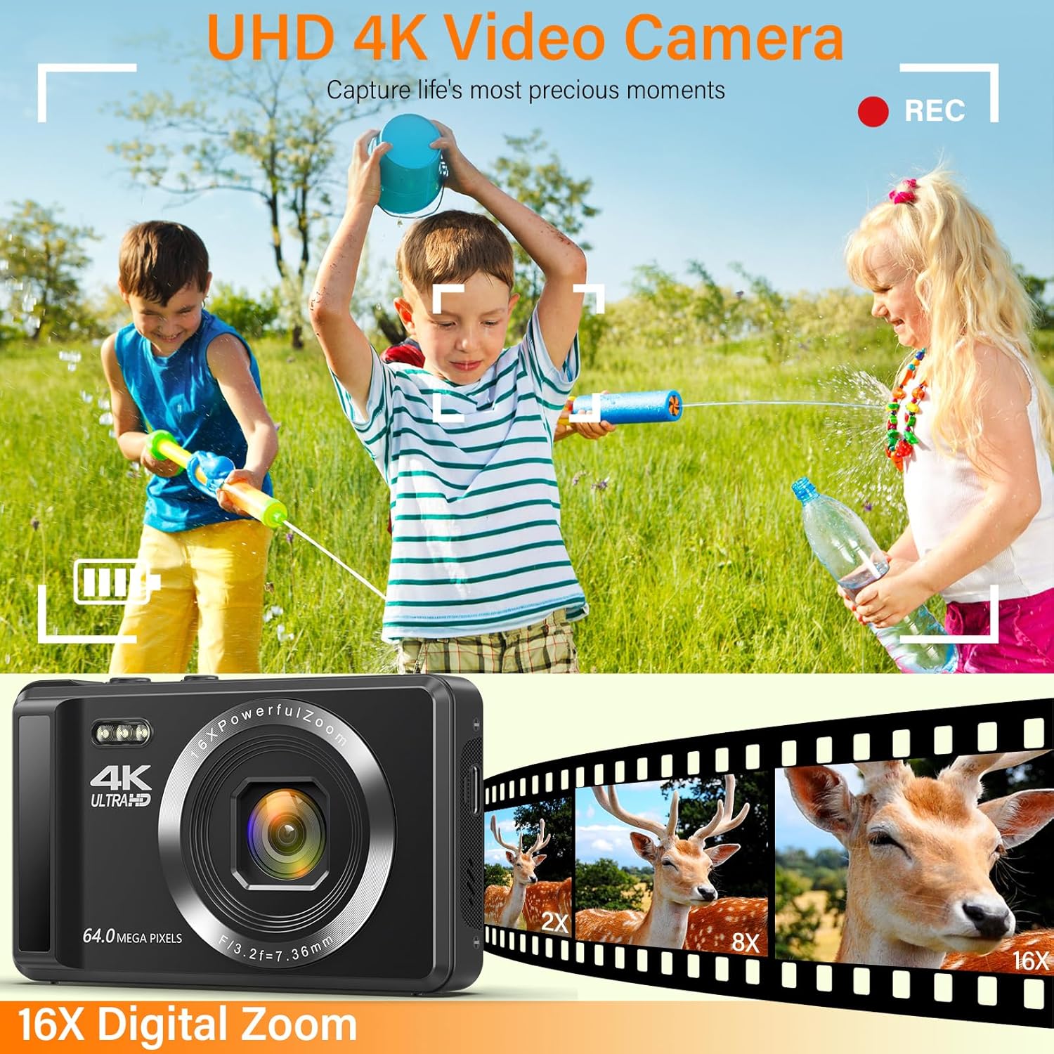 Digital Camera 4K 64MP Digital Camera with 32G SD Card Autofocus Vlogging Camera with Two 1200 mAh Batteries for Photography 16X Digital Zoom Mini Compact Camera for Kids Teenagers Beginners Adults-2