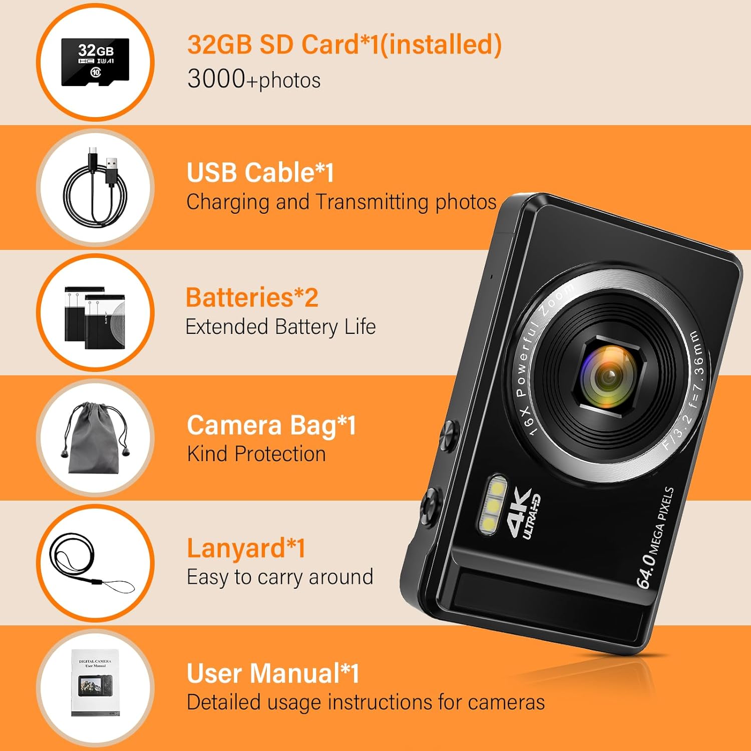 Digital Camera 4K 64MP Digital Camera with 32G SD Card Autofocus Vlogging Camera with Two 1200 mAh Batteries for Photography 16X Digital Zoom Mini Compact Camera for Kids Teenagers Beginners Adults-4