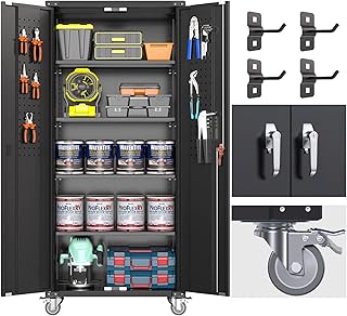 SUPEER 183cm Tall Metal Storage Cabinet with Wheels and Pegboard, Lockable Steel Storage Cabinet with 4 Adjustable Shelves and Door for Garage, Office, Kitchen, Assembly Required(Black)