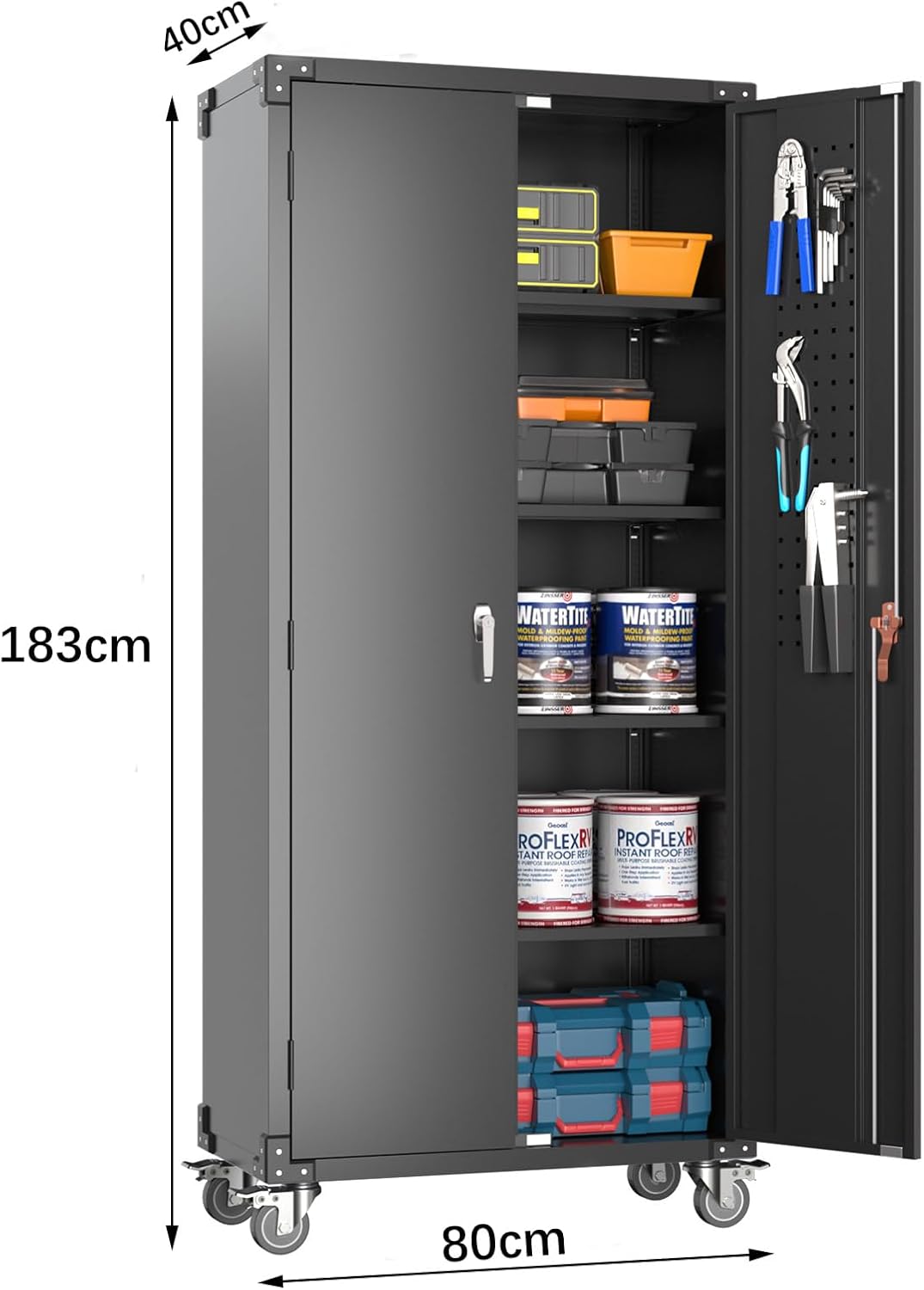 SUPEER 183cm Tall Metal Storage Cabinet with Wheels and Pegboard, Lockable Steel Storage Cabinet with 4 Adjustable Shelves and Door for Garage, Office, Kitchen, Assembly Required(Black)-2