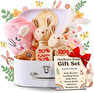 KINDEREN Baby Shower Gifts Baby Gift Set for Girls 8 Baby Essentials for Newborn Baby Girl Gifts New Baby Hamper Baby Reveal Gifts, Gender Reveal Gifts Set Christening Baby Gifts in Cute Keepsake Box