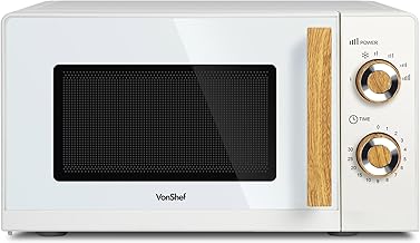 VonShef Microwave 20L 700W - Compact Solo Microwave, 6 Power Levels, Cream & Wood Effect, Nordic Design, Large Capacity, Defrost Function, Turntable System & Rotator Ring, Clock & Timer - Fika Range